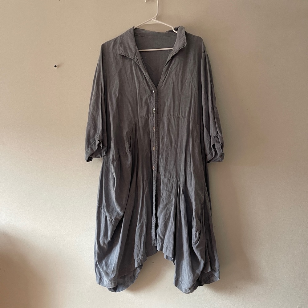 Blue Linen Dress with Abalone Buttons